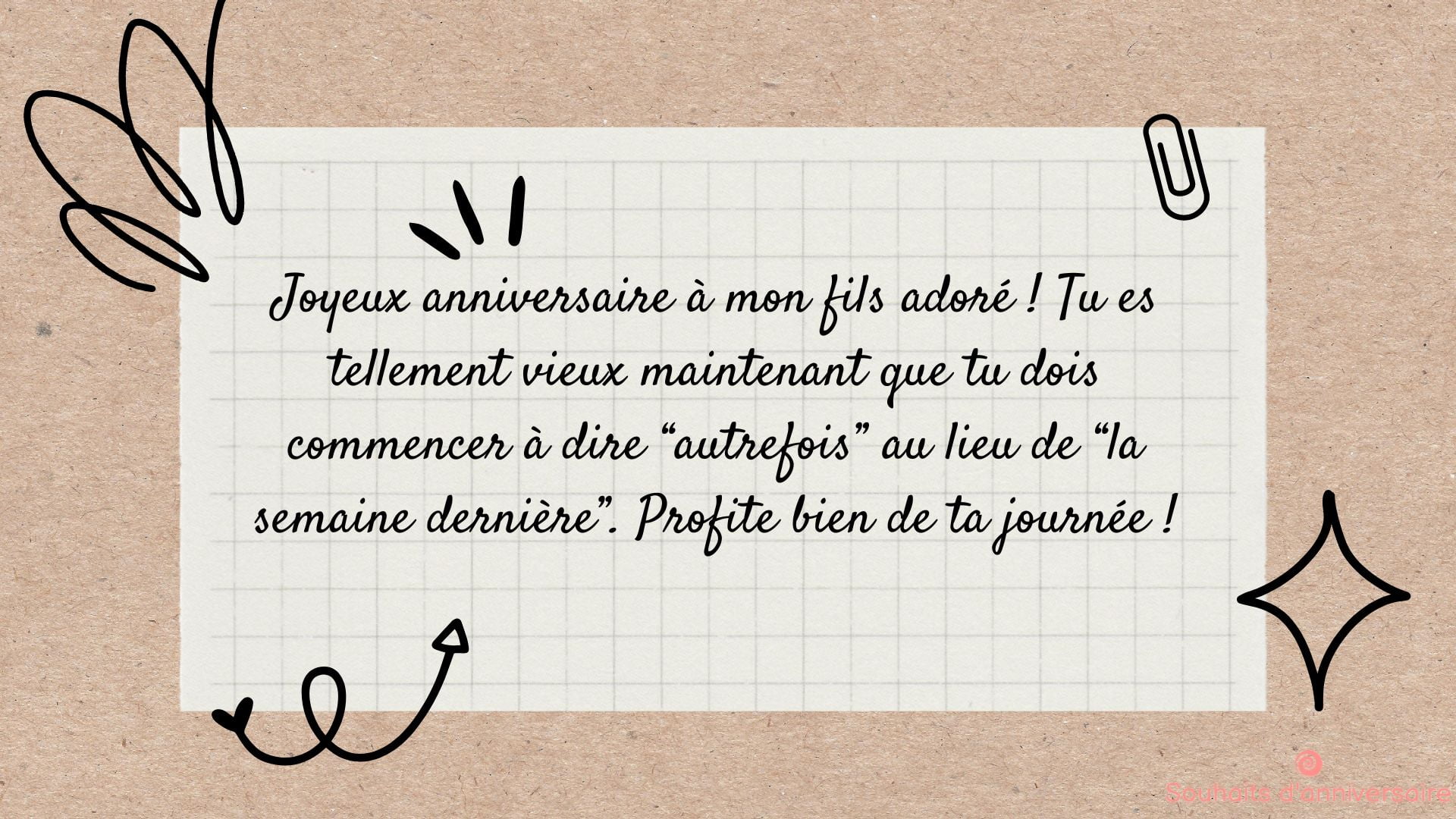 Carte d'anniversaire pour un fils avec un beau fond et un message disant "Joyeux anniversaire à mon fils bien-aimé ! Profite bien de ta journée ! 🎉👴😜'"