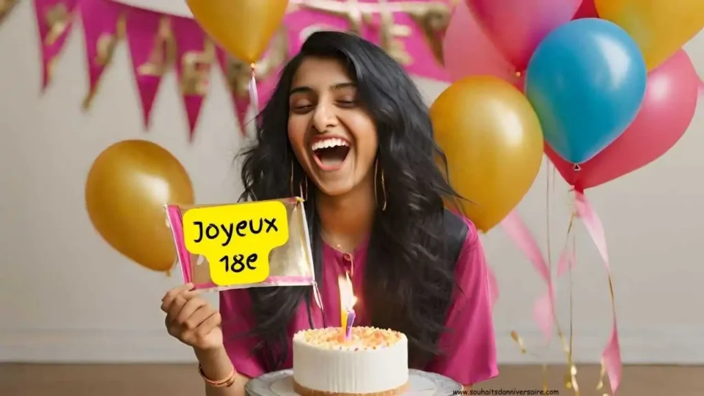 Fille fête 18 ans, gâteau, ballons, "Joyeux 18e anniversaire".