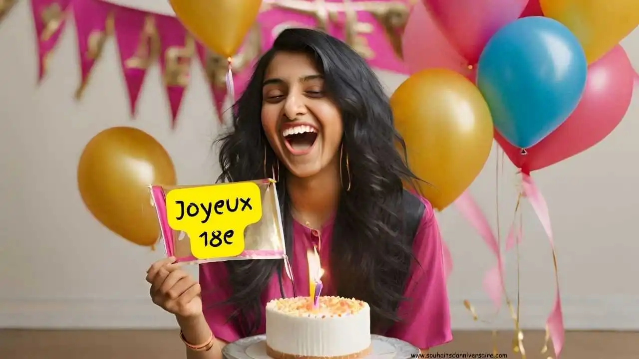 Fille fête 18 ans, gâteau, ballons, "Joyeux 18e anniversaire".