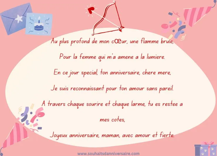 Un poème d'anniversaire touchant pour ma mère sur une carte conçue avec un blob, une fête 🎉, un nœud d'amour et de jolis cadeaux.