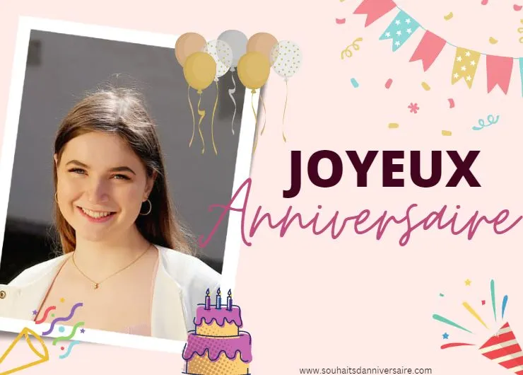 Carte d'anniversaire colorée pour femmes de tous âges avec des objets de fête, des ballons et un gâteau sucré.