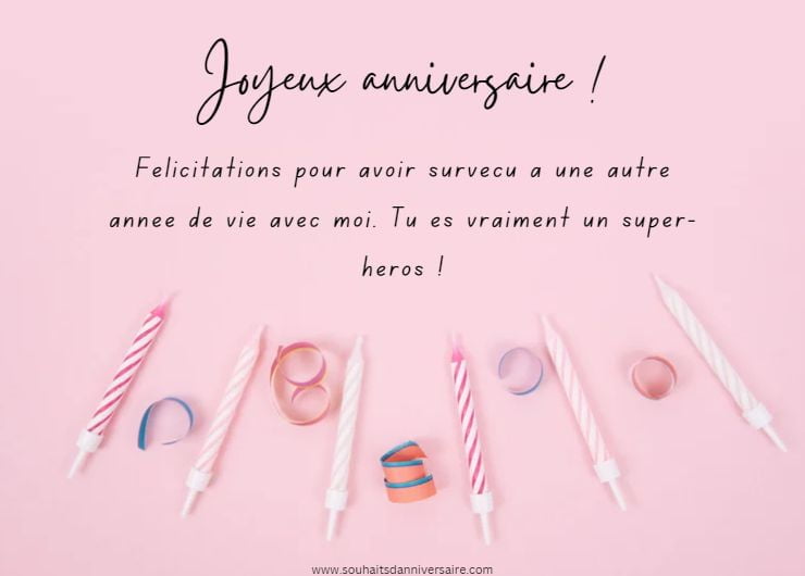 Un vœu d'anniversaire humoristique pour mon mari sur une carte décorée d'éléments d'anniversaire.