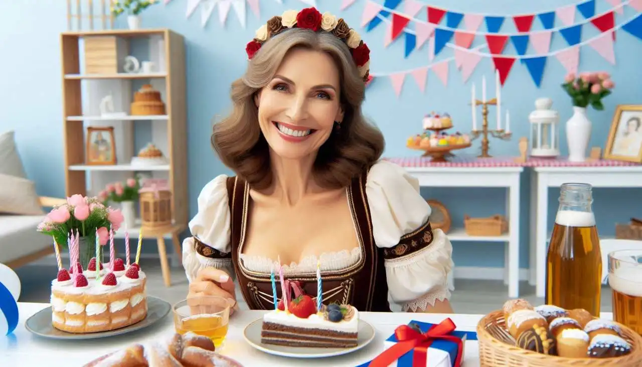 Illustration d'une tante célébrant joyeusement son anniversaire, entourée d'élégantes décorations et d'un gâteau d'anniversaire décoré avec goût.