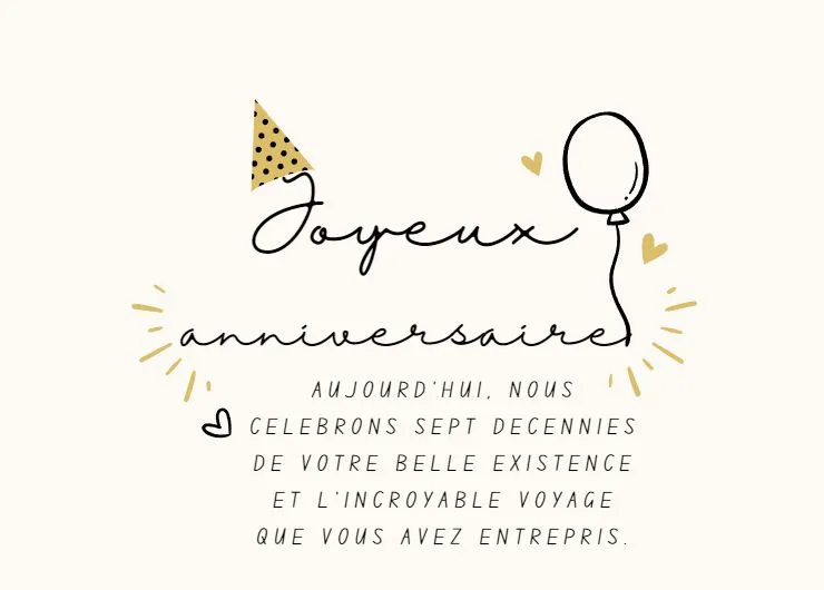 Message d'anniversaire pour une femme de 70 ans sur une carte blanche avec chapeau d'anniversaire, cœur, rayons de soleil et ballons.