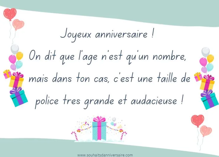 Un message amusant sur l'âge d'une femme sur fond blanc avec des illustrations d'art abstrait, des ballons en forme de cœur dessinés à la main et des coffrets cadeaux.