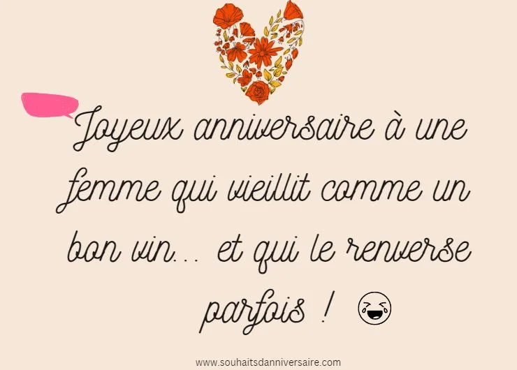 Un message d'anniversaire drôle et significatif pour une femme sur une carte avec un cœur de fleur et un emoji ha ha.
