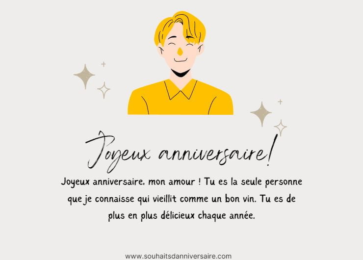Un texte d'anniversaire drôle et affectueux pour mon mari sur une carte simple avec un personnage d'homme souriant.