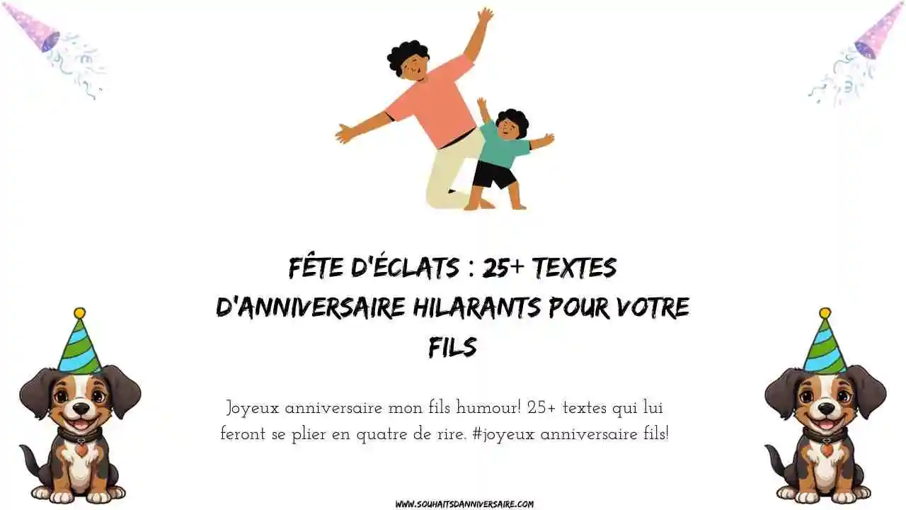 Scène de fête d'anniversaire avec des gens qui font sauter des bouteilles de champagne et qui rient, avec le texte "Joyeux anniversaire mon fils humour !
