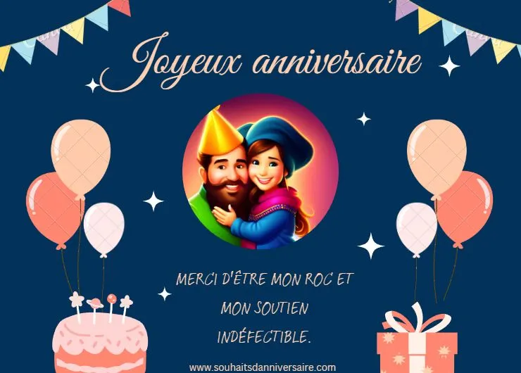 Une image avec des décorations d'anniversaire, des cadeaux, des ballons, un gâteau et une jolie photo de couple.