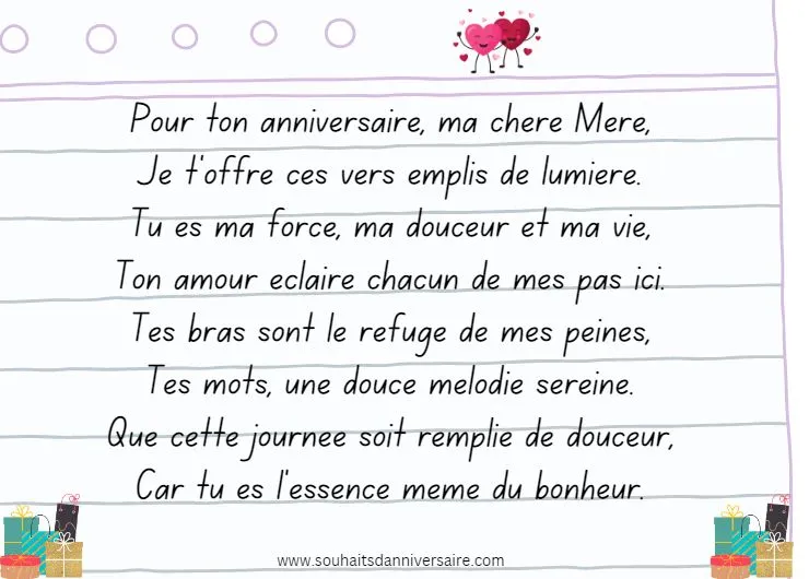 Un poème d'anniversaire pour maman écrit sur une feuille lignée avec des cadeaux.