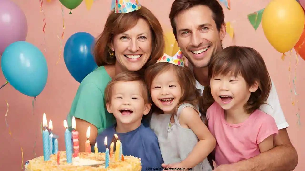 Mère pose pour une photo avec son mari et ses enfants pour le joyeux anniversaire de maman!