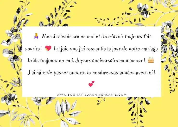 Un message d'anniversaire touchant pour son mari sur une carte jaune avec des fleurs.