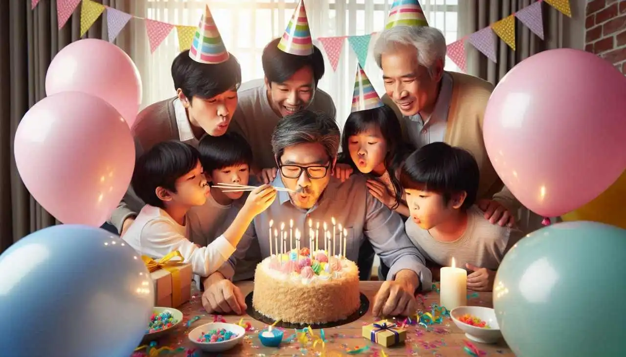 Un père fêté le jour de son anniversaire, entouré de sa famille aimante et d'un gâteau d'anniversaire magnifiquement décoré".