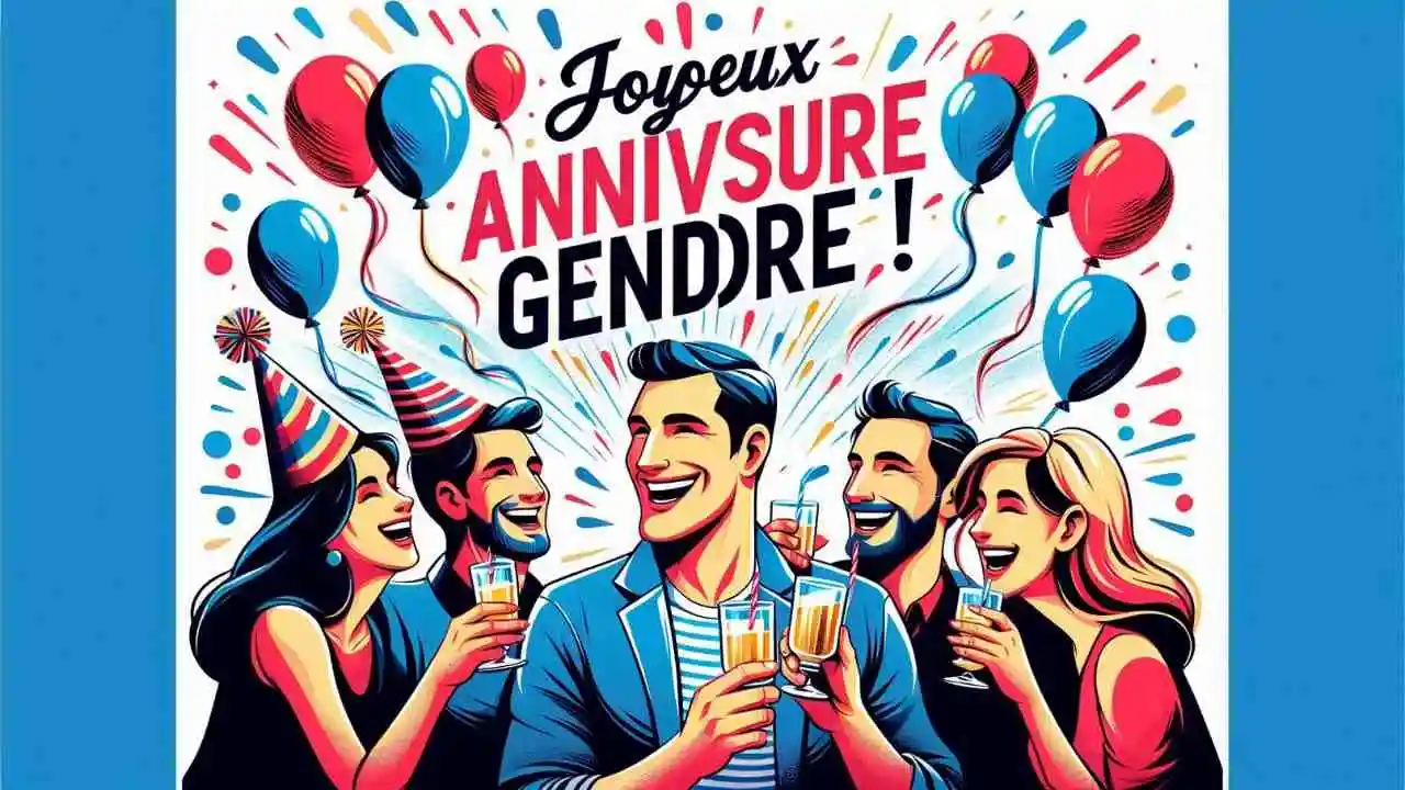 Un groupe joyeux qui lève son verre à l'anniversaire de son gendre, entouré de ballons rouges, blancs et bleus.