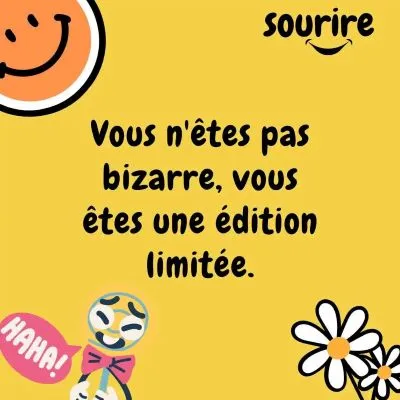 Visage souriant sur fond jaune avec le texte "Vous n'êtes pas bizarre, vous êtes une édition limitée. HAHA!"