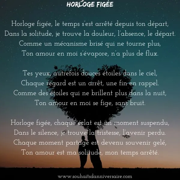 Il y a une illustration d'un cœur. Le cœur est surmonté d'un poème d'amour triste écrit en caractères élégants.