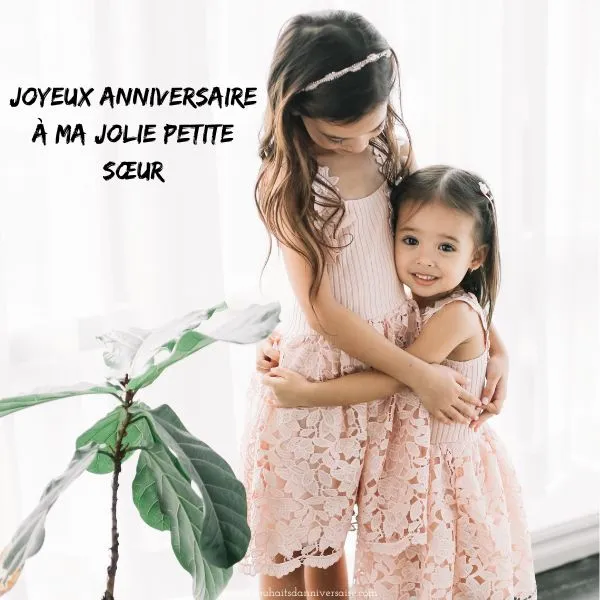 Deux sœurs se serrant dans les bras, l'une disant - Joyeux anniversaire à ma jolie petite sœur