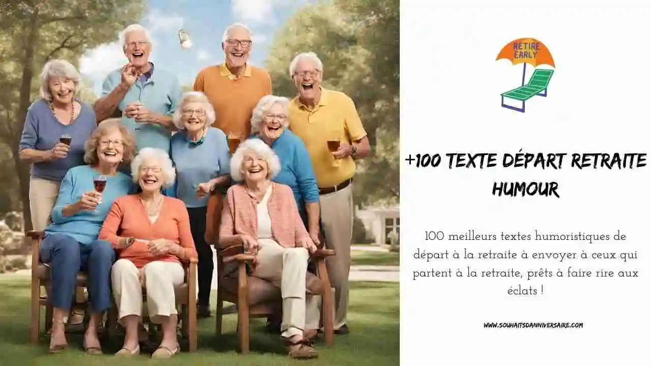 Groupe de collègues de bureau, hommes et femmes, célébrant joyeusement la retraite avec rires et camaraderie en lisant des texte départ retraite humour.