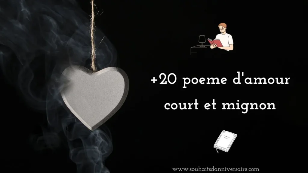 Un cœur blanc sur fond noir, symbolisant l'amour et les émotions. Au premier plan, un garçon absorbé par la lecture de poèmes, une carte de poèmes à la main. L'image illustre l'essence de l'article intitulé "+20 Poèmes d'Amour Court et Mignon", qui présente une collection de poèmes d'amour courts et attachants.