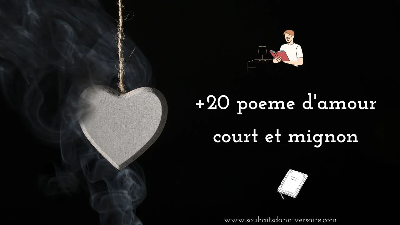 Un cœur blanc sur fond noir, symbolisant l'amour et les émotions. Au premier plan, un garçon absorbé par la lecture de poèmes, une carte de poèmes à la main. L'image illustre l'essence de l'article intitulé "+20 Poèmes d'Amour Court et Mignon", qui présente une collection de poèmes d'amour courts et attachants.
