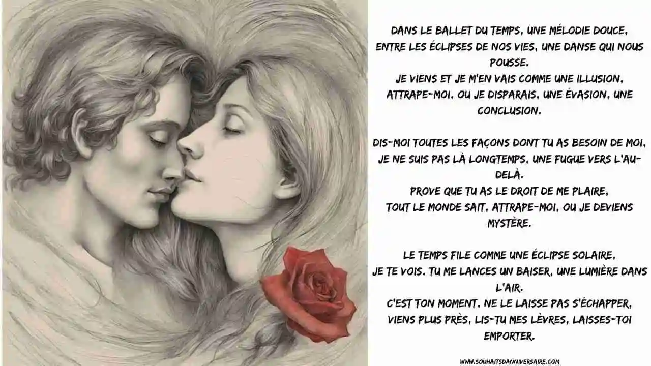 Image captivante illustrant les émotions d'un amour éphémère avec le poème enchanteur 'Dans le ballet du temps'.