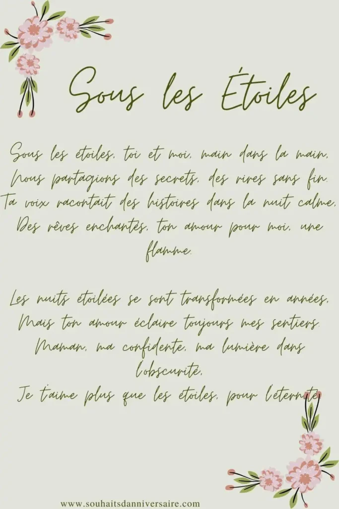 Magnifique poème exprimant l'amour pour maman, entouré de l'imagerie d'un jardin secret où fleurissent les rêves et les émotions.