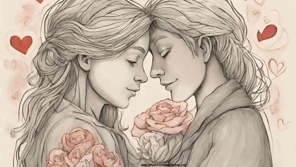 Image d'une étreinte tendre et amoureuse, évoquant les sentiments profonds et touchants décrits dans l'article sur les textes d'amour pour lui. Deux cœurs entrelacés symbolisent l'intimité et la connexion émotionnelle.