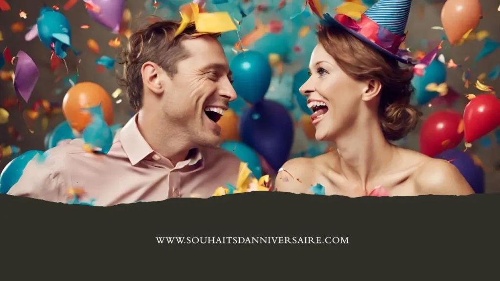 Couple joyeux célébrant leur anniversaire de mariage avec humour.