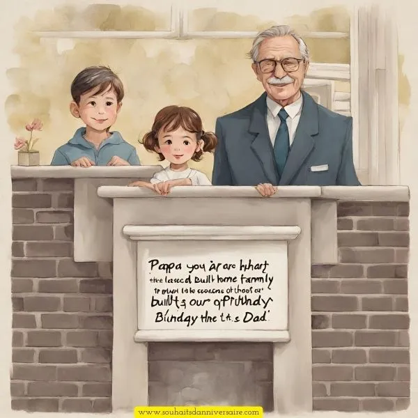 Image touchante de anniversaire papa avec le texte : Papa, tu es le pilier qui a érigé notre maison de famille, mais aussi le ciment qui en a scellé les liens. Joyeux anniversaire à l’architecte de notre bonheur partagé.