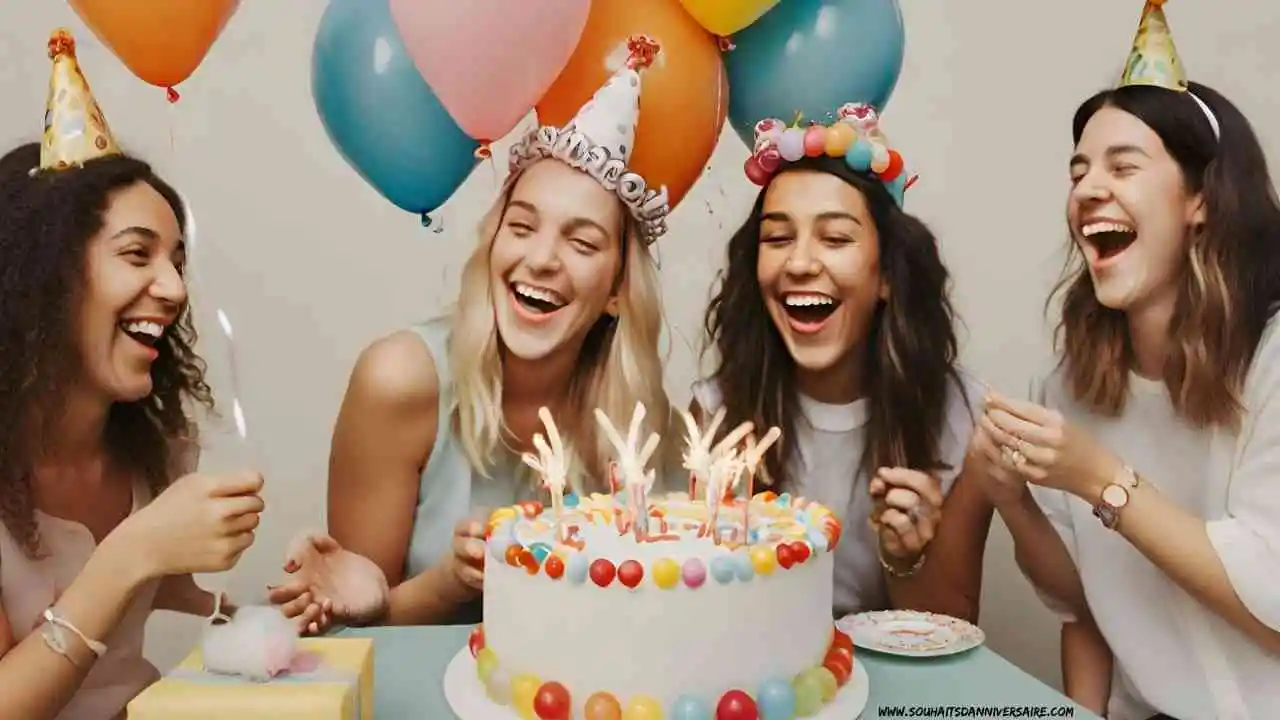 Amis riant autour du gâteau d'anniversaire, célébrant avec affection. Le roi de la fête, entouré de cadeaux et de sourires, brille de bonheur.