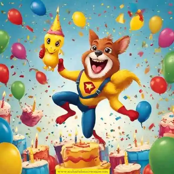 Un personnage de dessin animé avec un gâteau d'anniversaire et des ballons - Joyeux anniversaire à notre héros hilarant!