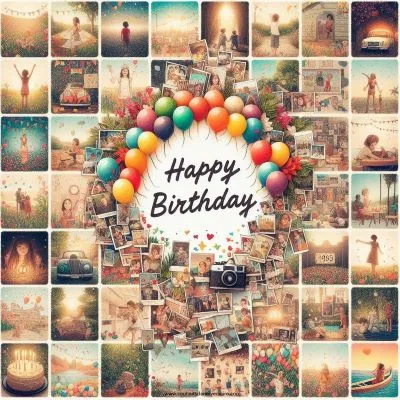 un collage propre et clair sur le thème de l'anniversaire, composé de moments mémorables capturés tout au long de la vie du destinataire, avec des couleurs vives, évoquant la nostalgie et la chaleur, racontant une histoire de croissance, d'amour et de bonheur.