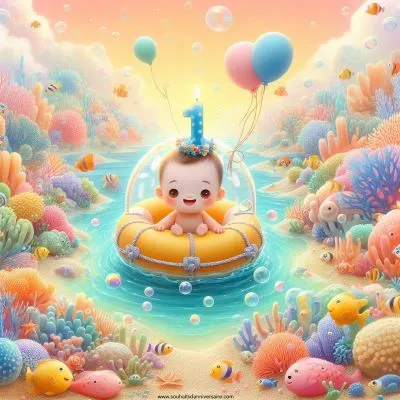 Un monde sous-marin fantaisiste rempli de récifs coralliens colorés, de poissons espiègles et de douces bulles. Au centre, un heureux bébé d'un an (sexe neutre) flotte dans un minuscule radeau de sauvetage décoré de ballons et d'une bougie "1". L'ambiance est joyeuse, fantaisiste, pleine d'émerveillement et des vastes possibilités de la vie.