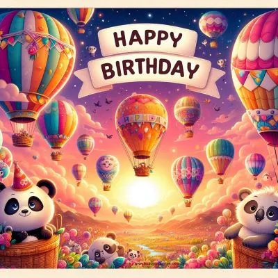 Carte d'anniversaire vibrante et enchanteresse présentant une scène charmante d'un festival de montgolfières en pleine effervescence sur fond de coucher de soleil pittoresque.