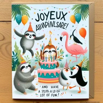 Carte d'anniversaire fantaisiste représentant un groupe d'animaux joyeux, dont un paresseux, un pingouin et un flamant rose, organisant une fête d'anniversaire surprise dans un décor de jungle tropicale, tenant des ballons, portant des chapeaux ridicules, dansant autour d'un gros gâteau d'anniversaire avec des bougies, avec la légende "Joyeux anniversaire" dans une police de caractères ludique et lettrée à la main, et un message humoristique à l'intérieur disant "C'est ton jour pour flamber et t'amuser comme un paresseux".
