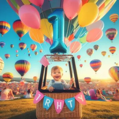 Un vibrant festival de montgolfières avec des ballons colorés s'envolant dans un ciel bleu clair. Au premier plan, un enfant d'un an, heureux, est assis dans un panier en osier décoré pour son anniversaire et tient un chapelet de ballons portant le chiffre "1". L'ambiance est joyeuse, aventureuse, symbolisant un avenir radieux et plein de possibilités.