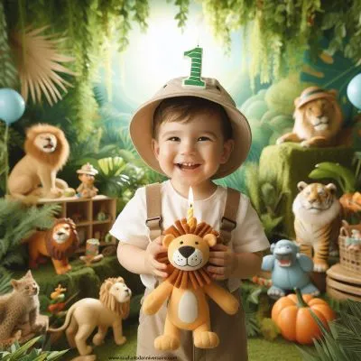 Un joyeux petit garçon d'un an se tient au milieu de la scène, coiffé d'un chapeau de safari et tenant un lion jouet avec un chapeau d'anniversaire et une bougie numérotée "1". L'ambiance est aventureuse, ludique et pleine d'énergie pour célébrer la curiosité d'un petit explorateur.