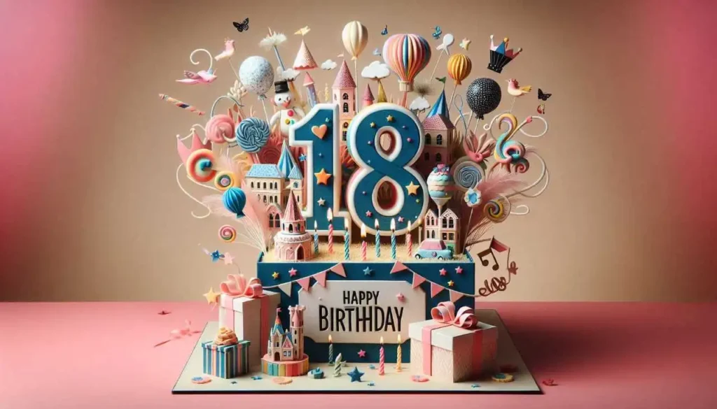 Une célébration vibrante et joyeuse du 18e anniversaire avec des ballons colorés, un gâteau magnifiquement décoré et une atmosphère festive.