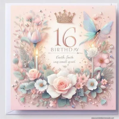 Une carte d'anniversaire pour les 16 ans d'une jeune fille avec des tons pastel doux, des fleurs épanouies, des perles scintillantes et une touche de poussière de fée.