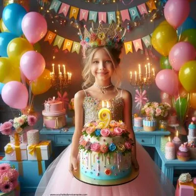 Une jeune fille (9 ans) se tient dans une scène d'anniversaire fantaisiste entourée de ballons et de serpentins aux couleurs vives, tenant un gâteau magnifiquement décoré dont les neuf bougies brillent de mille feux. Elle porte une couronne d'anniversaire et une robe ornée de décorations sur le thème de l'anniversaire, avec une bannière indiquant "Joyeux 9e anniversaire" derrière elle.