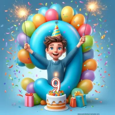 Un enfant de 9 ans croise le "9" dans des ballons colorés, des confettis tombent. Il tient une bougie allumée, un sourire radieux et un chapeau de fête.
