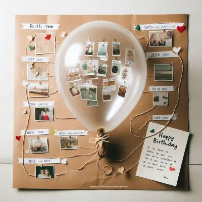un ballon partiellement gonflé avec une queue en carton, une ligne du temps simple allant de l'année de naissance à l'année en cours, décorée de mini photos ou de dessins, et un petit mot avec un message à l'attention d'un plus jeune.