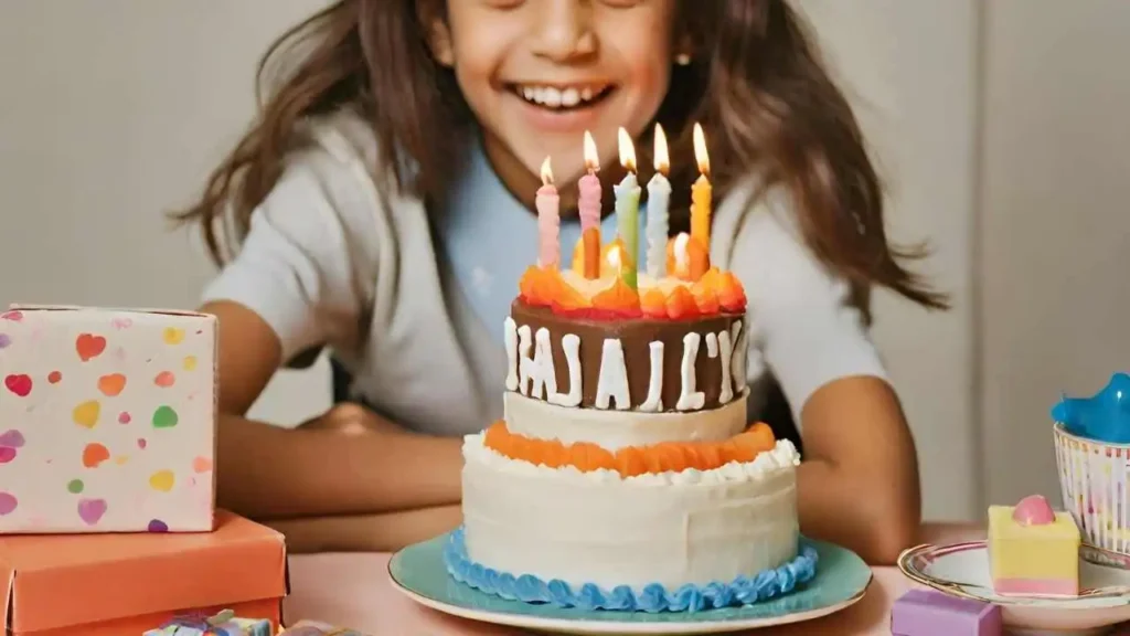 Image anniversaire 10 ans : cadeaux, gâteau avec bougies, jeu ou jouet