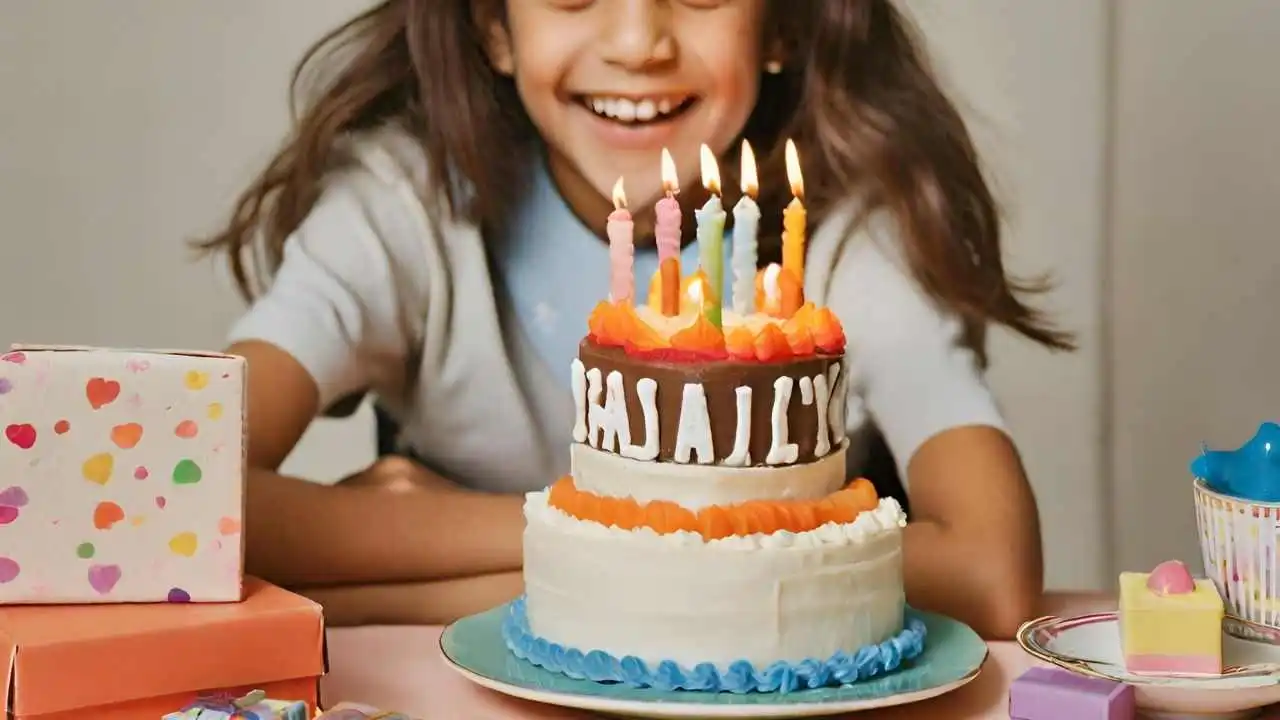 Image anniversaire 10 ans : cadeaux, gâteau avec bougies, jeu ou jouet
