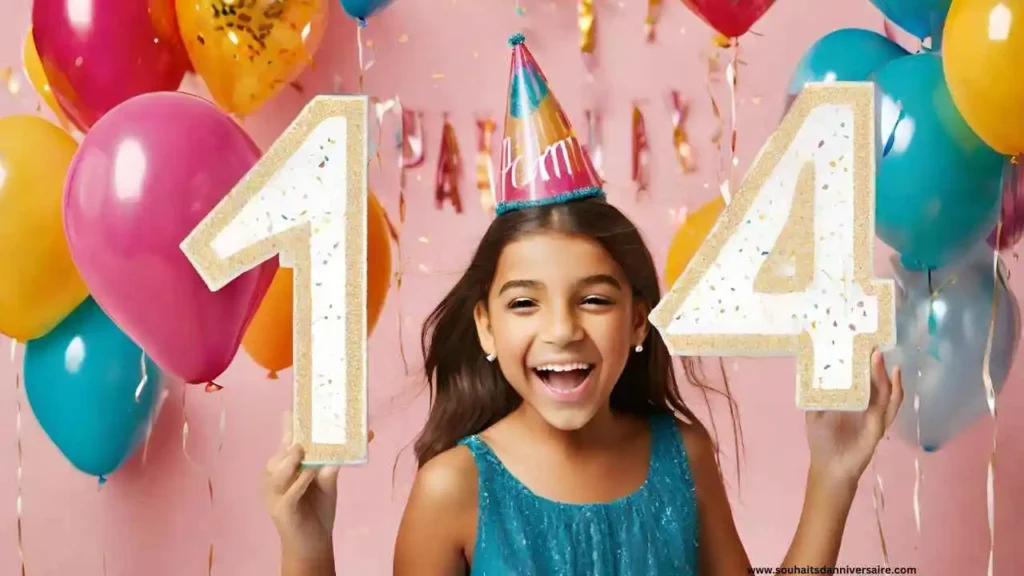 14 ans de bonheur ! Capturer la magie de l'anniversaire avec le chiffre 14 brillant au cœur d'une fête étincelante. Laissez l'énergie vibrante de la jeunesse illuminer chaque moment de cette célébration inoubliable !