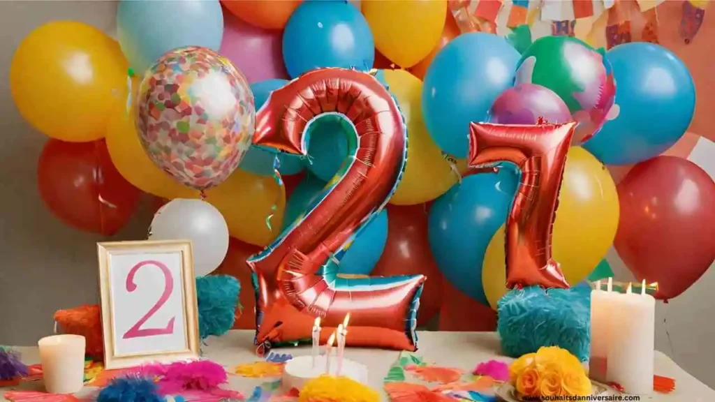 une table d'anniversaire avec des ballons et un numéro 27 dessus