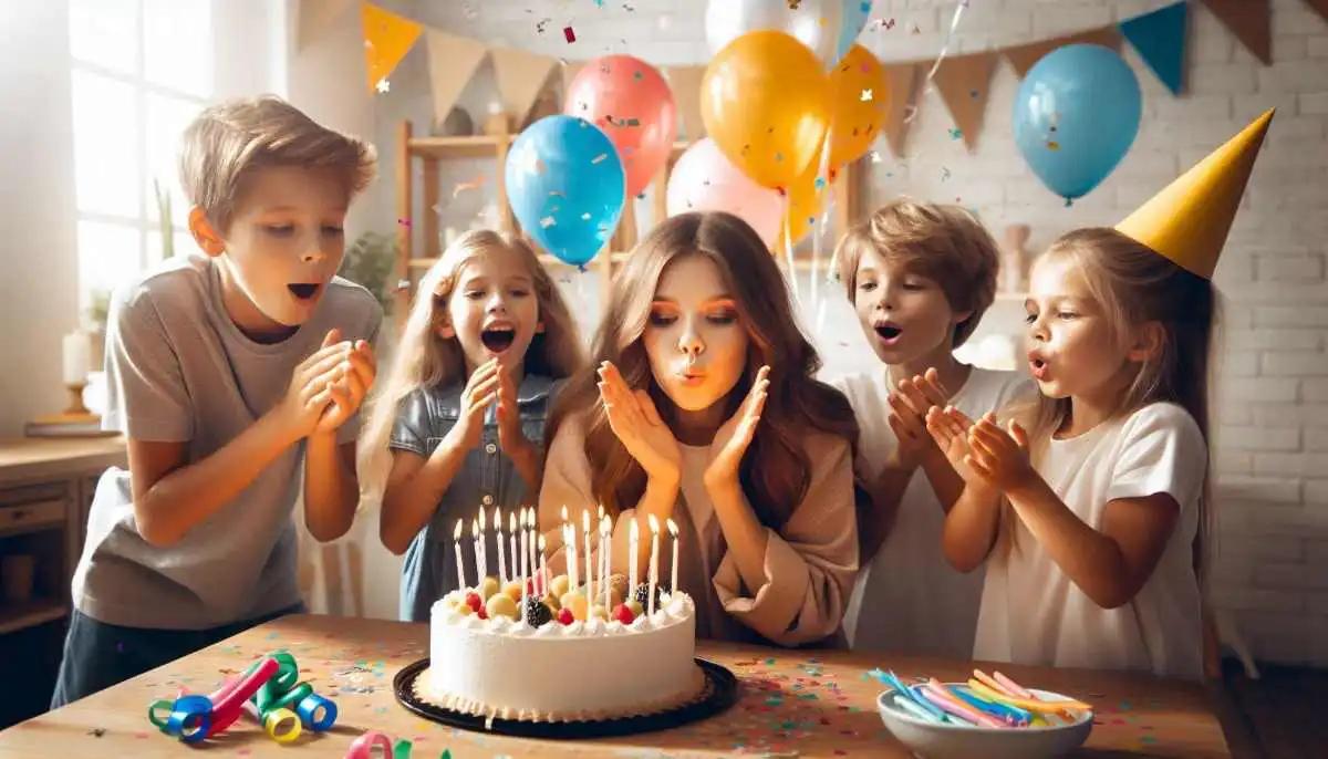 Une image capturant le moment joyeux d'une sœur célébrant son anniversaire avec ses frères et sœurs. Ils sont tous réunis autour d'un gâteau d'anniversaire, partageant rires et amour.