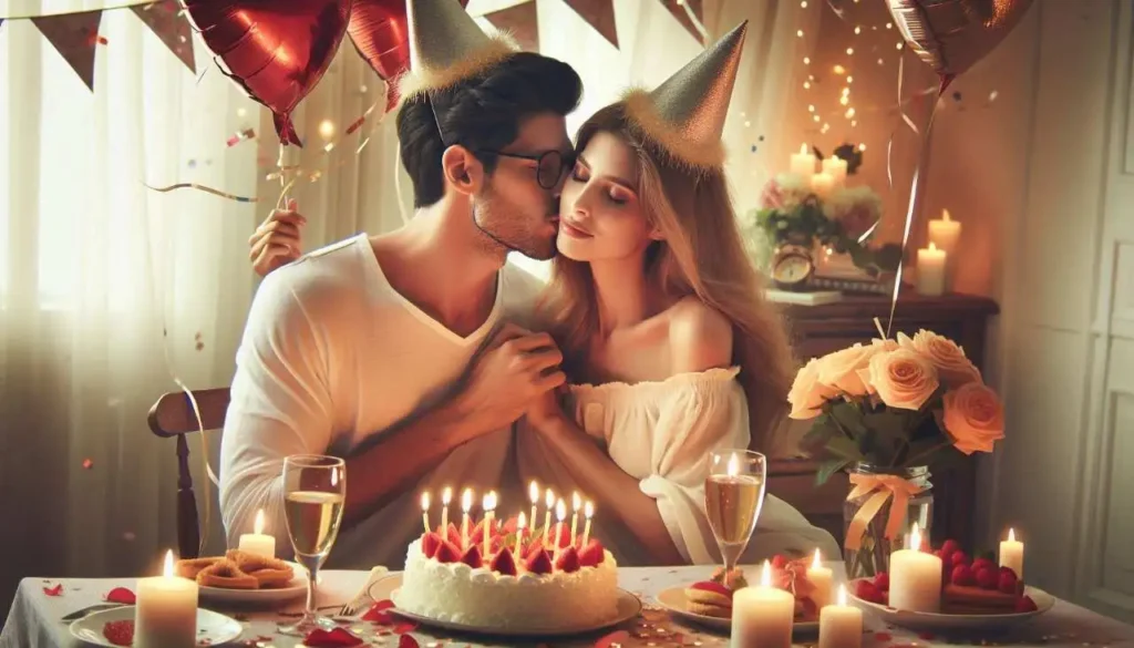 Image romantique d'un homme fêtant son anniversaire avec sa petite amie. Ils se regardent tous les deux amoureusement avec un gâteau d'anniversaire magnifiquement décoré devant eux.