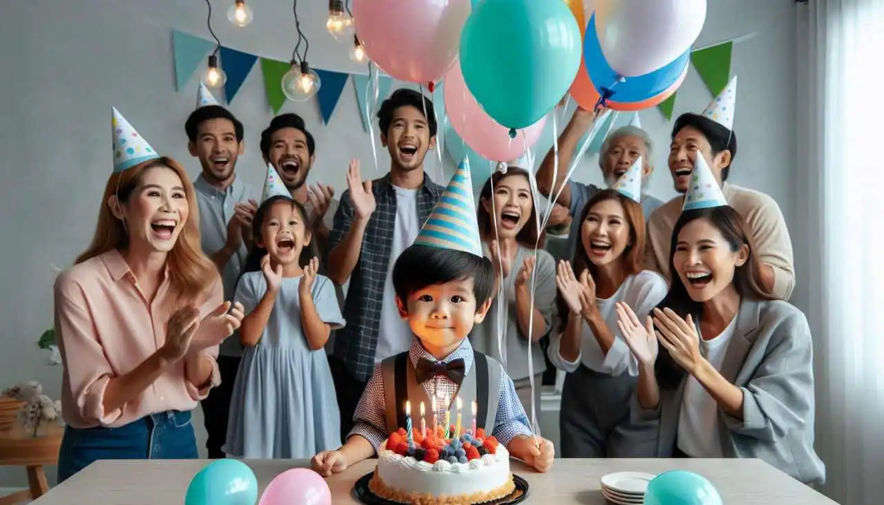 Image d'un neveu joyeux célébrant son anniversaire entouré de ballons colorés et de cadeaux.