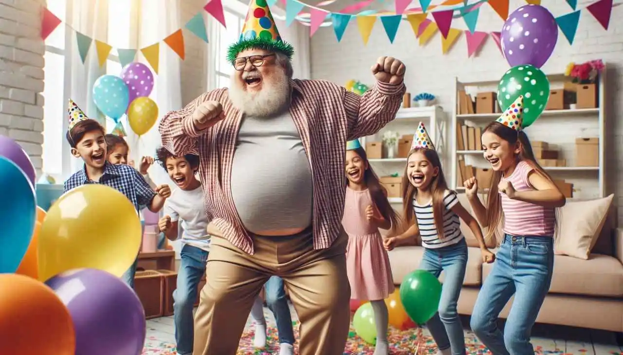 Une illustration humoristique d'un oncle qui fête son anniversaire avec un grand sourire sur le visage, entouré de ballons multicolores et d'un énorme gâteau d'anniversaire.
